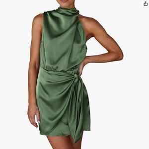 Women's Satin Dress Summer Sleeveless Mock Neck Tie Waist